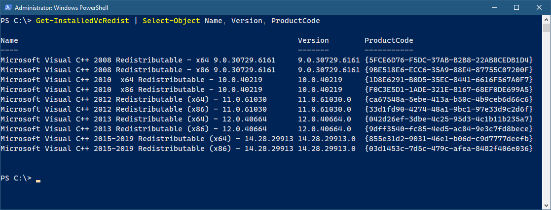 Microsoft Visual C++ Redistributables installed on the local PC