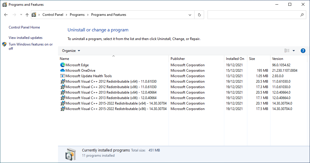 Microsoft Visual C++ Redistributables installed on the local PC