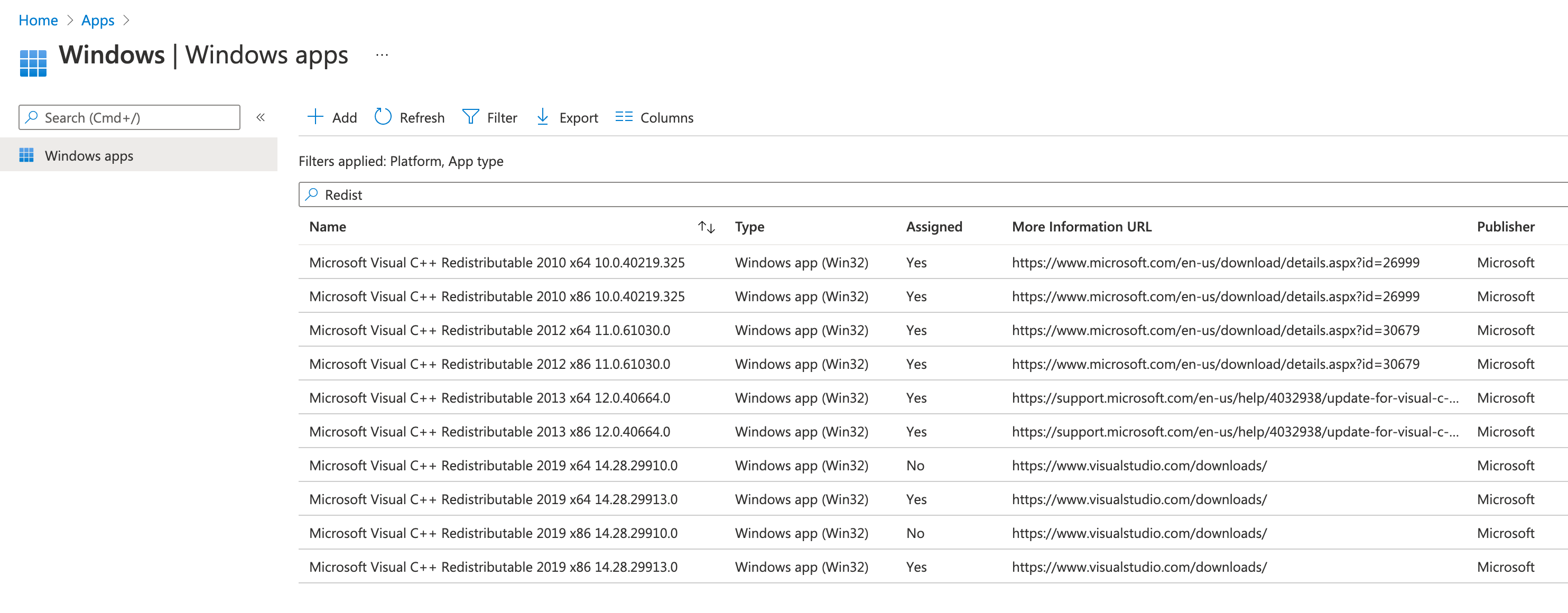 Microsoft Visual C++ Redistributables applications imported into Microsoft Intune