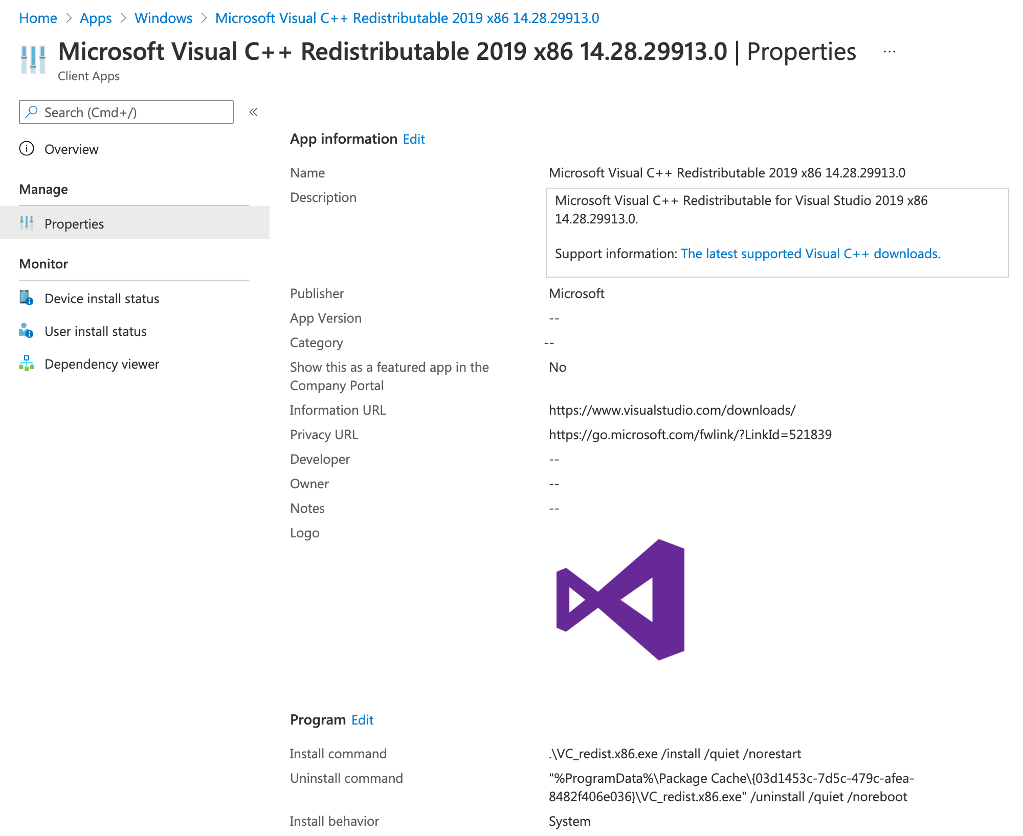 Microsoft Visual C++ Redistributables applications properties in Microsoft Intune